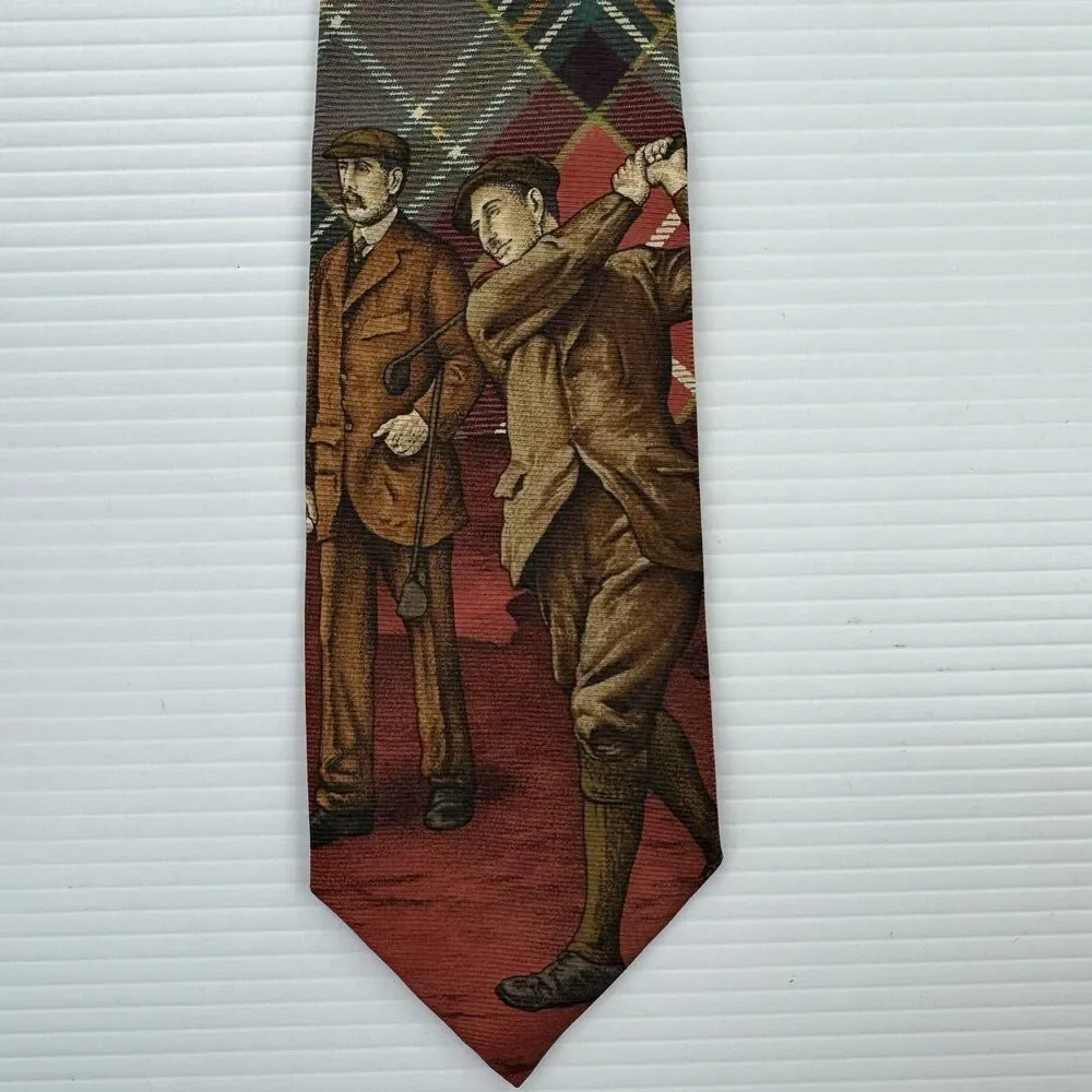 Vintage Polo Ralph Lauren Golf Tie USA Silk Tartan Plaid Golfer Novelty Made USA